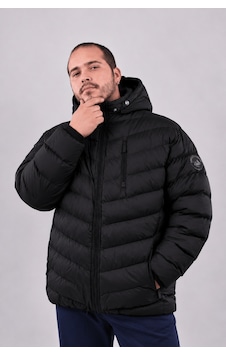Büyük Beden Erkek 7xl-10xl Kapüşonlu Elyaf Dolgulu Astarlı Fermuarlı Kapitone Şişme Mont Annex Siyah