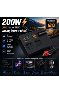 Coofbe 200w Araç İnverteri 12v 24v 220v Güç Dönüştürücü 2 Priz Pd30w Type-c Qc3.0 Hızlı Şarj Dijital Ekran Coofbe 200w Araç İnverteri 12v 24v 220v Güç Dönüştürücü 2 Priz Pd30w Type-c Qc3.0 Hızlı Şarj Dijital Ekran