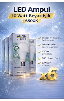 Led Ampul 10 Watt Beyaz Işık 6500k Yüksek Aydınlatma E27 Duy Enerji Tasarruflu 6 Adet