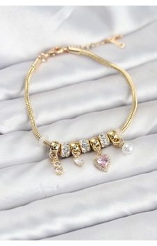 Pirinç Gold Renk Pembe Kalp Charmlı Kadın Bileklik Altın Pirinç Gold Renk Pembe Kalp Charmlı Kadın Bileklik Altın