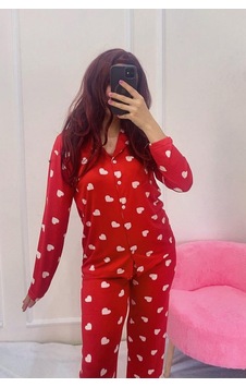Rukod Kırmızı Beyaz Kalp Desenli Gömlek Yaka Kadın Pijama Takımı - Nefes Alan Süet Kumaş Kırmızı