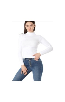 Unika Boutique Kadın Uzunkollu Yarım Balıkçı Licralı Penye Badi Beyaz
