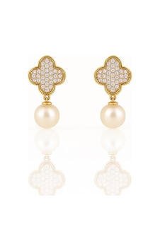 14k Gold Plated Pearl Clover Drop Küpe Gold 14k Gold Plated Pearl Clover Drop Küpe Gold