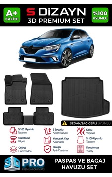 S-dizayn Renault Megane 4 Sedan 3d Pro Havuzlu Paspas Ve Sağ Kulak Paspas Bagaj Havuzu Seti 2'li Se