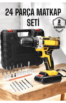 Buğz Çift Bataryalı Metal Dişli Darbeli Şarjlı Matkap Seti 24w Güç Ve 24 Parça Aksesuar