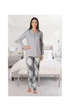 Effortt Mayss Collections 8072 Gri Renk Önden Düğmeli Pijama Takımı Gri