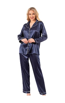 Ahu Biyeli Uzun Kol Saten Önden Düğmeli Pijama Takımı Lacivert 7647 Lacivert Ahu Biyeli Uzun Kol Saten Önden Düğmeli Pijama Takımı Lacivert 7647 Lacivert