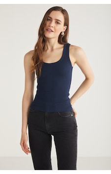 Ethıquet Lıllesol Kadın Fitilli Görünümlü Slim Fit Vücuda Oturan Havuz Yakalı Pamuklu Basic Lacivert