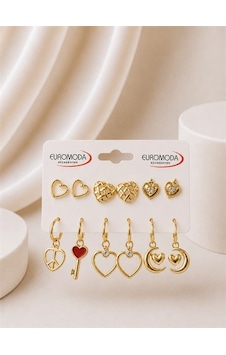 Barış Sembolü Kalp Figürlü Gold Renk 6'lı Küpe Seti Kadın - Kız Barış Sembolü Kalp Figürlü Gold Renk 6'lı Küpe Seti Kadın - Kız