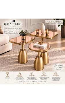 Quattro Home Rose Ayna Gold Metal Ayaklı 3'lü Dekoratif Sehpa Takımı Modern Orta Seti Abanoz