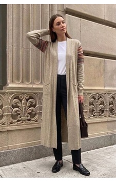 Onno Style Women Kilim Desen Uzun Triko Kadın Hırka Krem