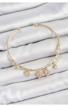 Pirinç Zirkon Taşlı Pembe Kalpli Charm Bileklik Gold Renk Çok Renkli Pirinç Zirkon Taşlı Pembe Kalpli Charm Bileklik Gold Renk Çok Renkli
