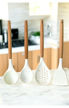 Silikon Bambu Saplı 4 Parça Mutfak Servis Seti Kremrengi Kepçe-kaşık-kevgir-spatula