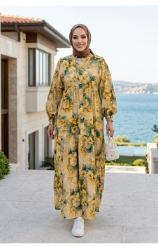 Hb Harma Time Butik Kadın Düğmeli Çiçek Desenli Sarı Modal Elbise Hardal