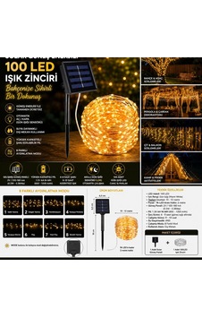 Solar 100 Led Işık Zinciri Gün Işığı Solar 100 Led Işık Zinciri Gün Işığı