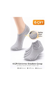 Worthy Socks 6'lı Unisex Pamuklu Yıkamalı Nefes Alan Sneakers Görünmez Çorap 6 Çift Gri