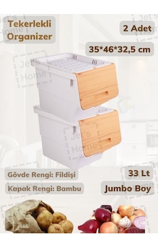 2 Li Tekerlekli Patateslik Soğanlık Erzak Kutusu Oyuncaklık Sebzelik Bambu Desenli 33 Lt Bambu