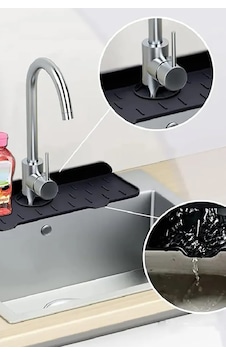 Aveo 1 Adet Gri / Sarı Renk Mutfak Banyo Lavabo Kenarı Silikon Matı Silikon Musluk Su Sıçrama Önleme Siyah