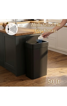 Porsima Me-05-1 Hareket Sensörlü Sessiz Kapatma Çöp Kutusu Banyo Mutfak Çöp Kovası Kapaklı Banyo Çöp Kovası 2 Adet Aa Pil Siyah 50lt