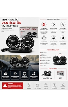 Trm Araç İçi İkili Vantilatör 12v Çakmaklık Girişli Çift Başlıklı Hız Ayarlı T303c -