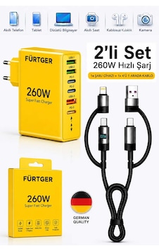 Fürtger German Frt-25w S 260w 3 Type-c + 3 Usb-a Toplam 6 Çıkışlı Süper Hızlı Şarj Aleti + 4 Başlıklı Şarj Kablosu Fürtger German Frt-25w S 260w 3 Type-c + 3 Usb-a Toplam 6 Çıkışlı Süper Hızlı Şarj Aleti + 4 Başlıklı Şarj Kablosu