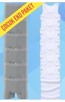 Tezzgelsin Erkek Çocuk Pamuklu Penye 6 Atlet 6 Boxer Beyaz Gri Beyaz - Gri