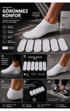 Erkek 6'lı Beyaz Görünmez Sneaker Çorap Beyaz Erkek 6'lı Beyaz Görünmez Sneaker Çorap Beyaz