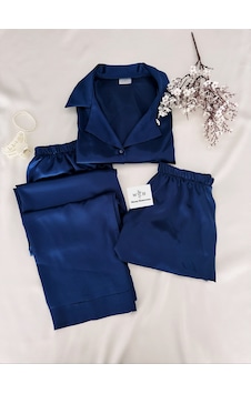 Mh Moony Homewears 3'lü Gömlekli Lacivert Yumuşacık Satenli Pijama Takımı Lacivert
