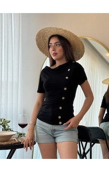 Amorluxe Kadın Kısa Kollu Degaje Yaka Düğme Detay Viskon Bluz Siyah