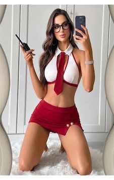 Emvera Kadın Şık Tasarım Bordo Yırtmaçlı Mini Etek Ve Boyundan Bağlamalı Büstiyer Hostes Kostümü Takımı Emvera Kadın Şık Tasarım Bordo Yırtmaçlı Mini Etek Ve Boyundan Bağlamalı Büstiyer Hostes Kostümü Takımı