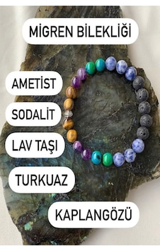 Doğal Taş Migren Bilekliği ( Ametist - Sodalit - Lav Taşı- Turkuaz - Kaplangözü ) Çok Renkli Doğal Taş Migren Bilekliği ( Ametist - Sodalit - Lav Taşı- Turkuaz - Kaplangözü ) Çok Renkli