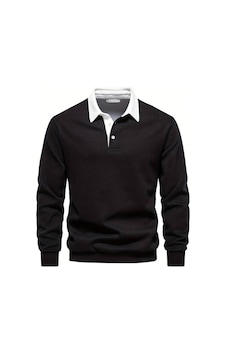 Ghassy Co. Erkek Retro Renk Bloklu Pamuklu Gömlek Yaka Sweatshirt Siyah