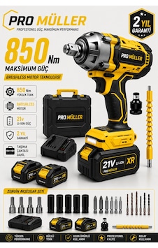 Pro Müller Profesyonel 21v Çift Akülü 850nm Torklu Bl Motor Şarjlı Darbeli Somun Sıkma Sökme Makinesi Setli Pro Müller Profesyonel 21v Çift Akülü 850nm Torklu Bl Motor Şarjlı Darbeli Somun Sıkma Sökme Makinesi Setli