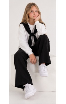 Mila Mood Kız Çocuk Ekru Sweatshirt Siyah Şal Detaylı Bol Paça Pantolon 2 Li Takım Siyah- Beyaz
