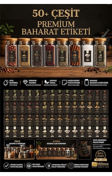 57 Çeşit Premium Baharat Etiketi Seti Suya Dayanıklı Folyo Kavanoz Sticker Siyah