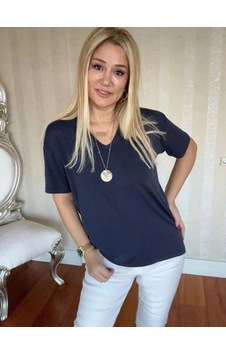 Defymoda Kadın Kısa Kollu V Yaka Bluz Lacivert