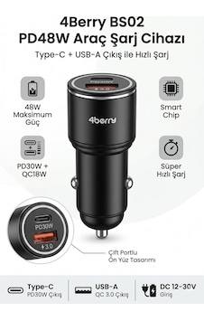 Bs02 Pd48w Dual Port Araç Şarj Cihazı Type-c Pd30w + Usb-a Qc3.0 48w Hızlı Şarj Adaptörü Bs02 Pd48w Dual Port Araç Şarj Cihazı Type-c Pd30w + Usb-a Qc3.0 48w Hızlı Şarj Adaptörü