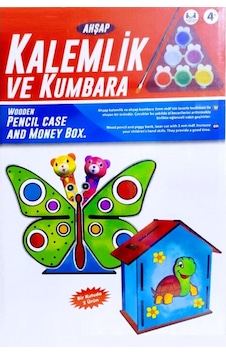 Vıp Kalite Maket Ahşap Kalemlik Ahşap Kumbara Seti 6 Akrilik Boya Seti Ahşap Kelebekli Kalemlik Seti