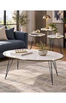 Odera Çift Altın Beyaz Elips Orta Sehpa Ve Zigon Sehpa 4'lü Set Siyah Tel Metal Ayaklı Modern Retro Salon Sehpası Diğer
