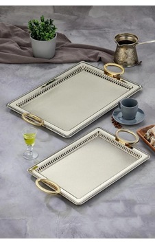 Cooker Ckr3909 Dikdörtgen Gold Kulplu Gümüş Tepsi 2'li