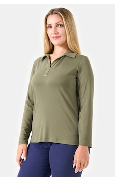 Tolga Saraçoğlu Kadın Büyük Beden Devrik Yaka Uzun Kol Örme Bluz Haki