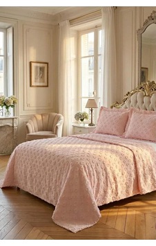 Krem Şönil İskandinav Yatak Örtüsü Takımı 250 X 260 Cm Valonlu Model 2 Adet 50 X 70 Yastık Kılıfı Pembe/pudra