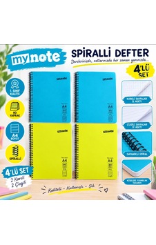 Okul Defteri 2 Adet Kareli Ve 2 Adet Çizgili 80yaprak Spiralli Renkli Kapaklı Büyük Boy 4'lü Paket Mavi - Sarı Okul Defteri 2 Adet Kareli Ve 2 Adet Çizgili 80yaprak Spiralli Renkli Kapaklı Büyük Boy 4'lü Paket Mavi - Sarı