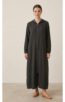Stormwear Kapüşonlu Fermuarlı Uzun Tesettür Kap Siyah