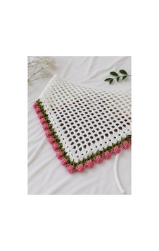 Pembe Çiçek Detaylı El Yapımı Örgü Üçgen Bandana Beyaz Beyaz