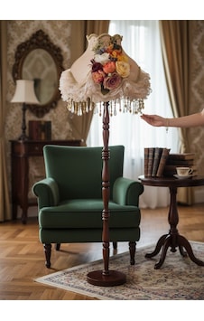 Vizon Kadife Kaplı 3d Çiçek Süslemeli Şık Başlık Ahşap Ayak Klasik Lambader 170x45cm