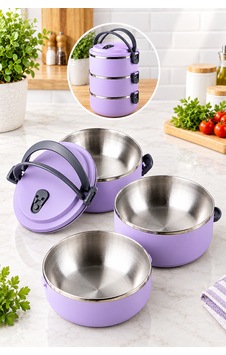 3 Katlı Yeni Nesil Sefer Tası Lunch Box Beslenme Kabı Paslanmaz Çelik 1800 Ml Lila 3 Katlı Yeni Nesil Sefer Tası Lunch Box Beslenme Kabı Paslanmaz Çelik 1800 Ml Lila