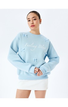 Koton Fiyonklu Slogan Baskılı Bisiklet Yaka Sweatshirt Mavi 5sal10446ık Mavi