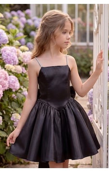 Butik Happy Kids Kız Çocuk Abiye Siyah Monoray Parlak Kumaş Taş Askılı Fiyonklu Kalarık Prenses Abiye Elbise 9-12 Yaş Mezuniyet Düğün Davet Elbisesi