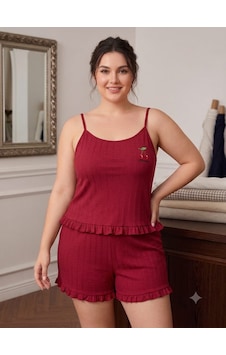 Büyük Beden Askılı Şortlu Likralı Pamuklu Kumaş Pijama Takım Bordo